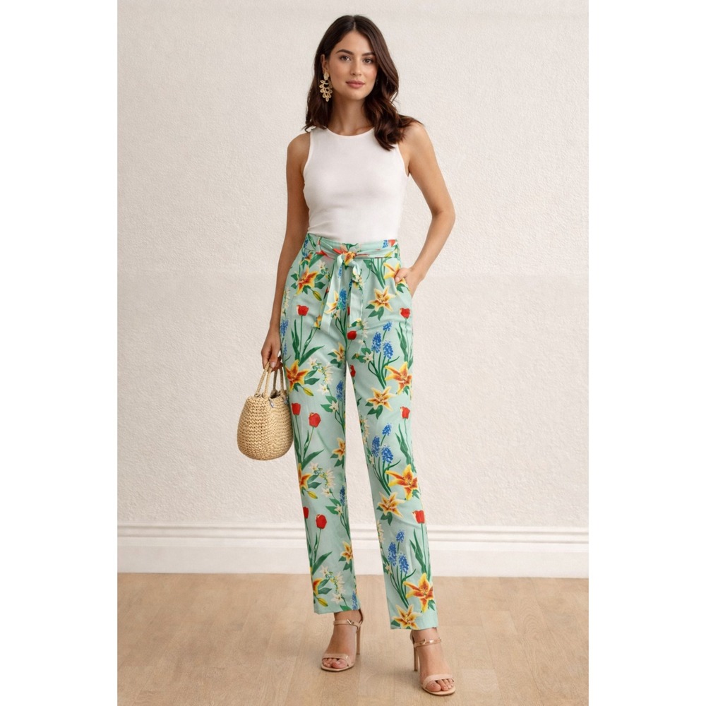 7th Avenue Botanical Floral High-Waist Tie Pants Size 6 |‎ Spring Luxe